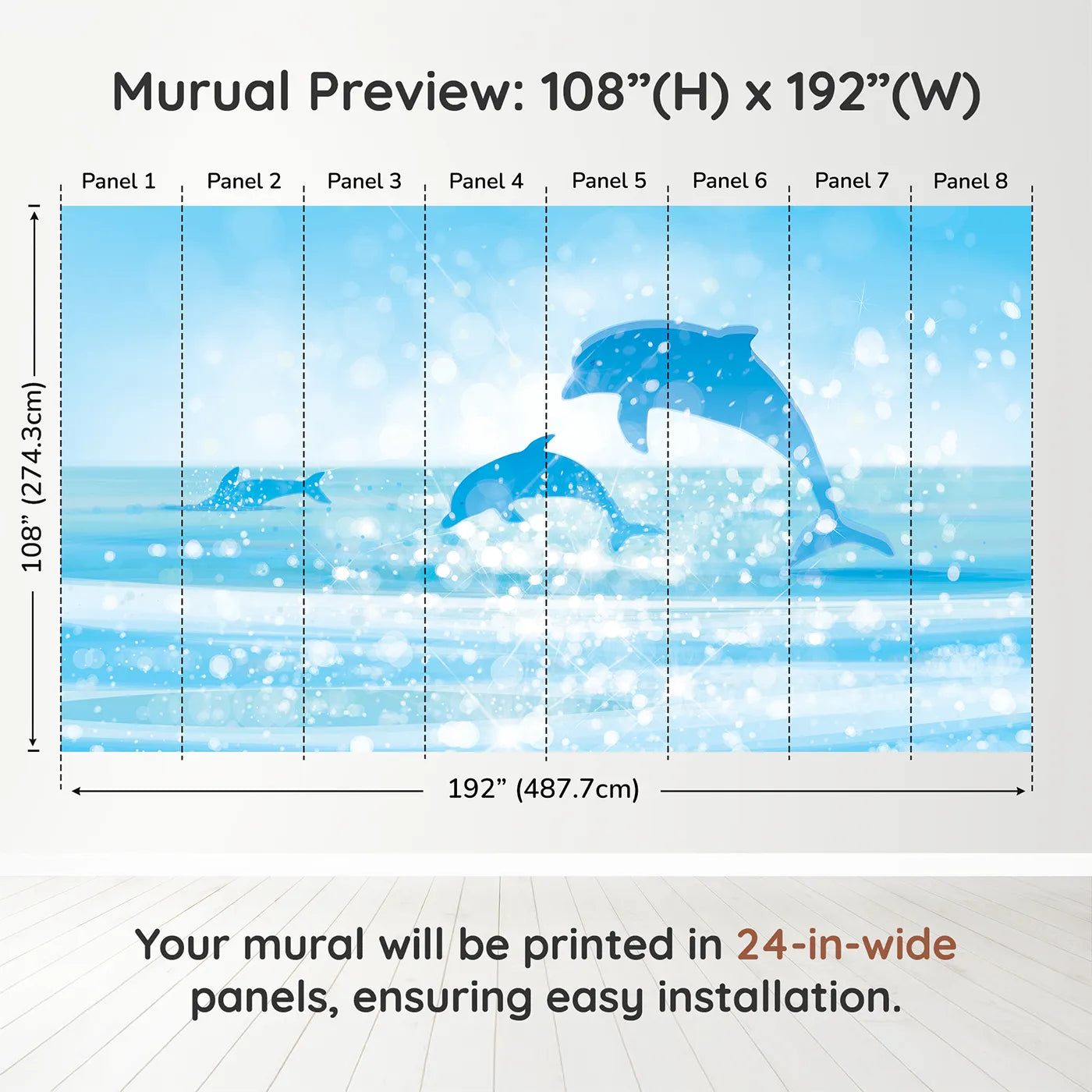 Whimsy Tots Sparkling Dolphin Bay Wall Muraldimension view (108" H x 192" W). Printed in eight 24-inch-wide panels. Gender-Neutral