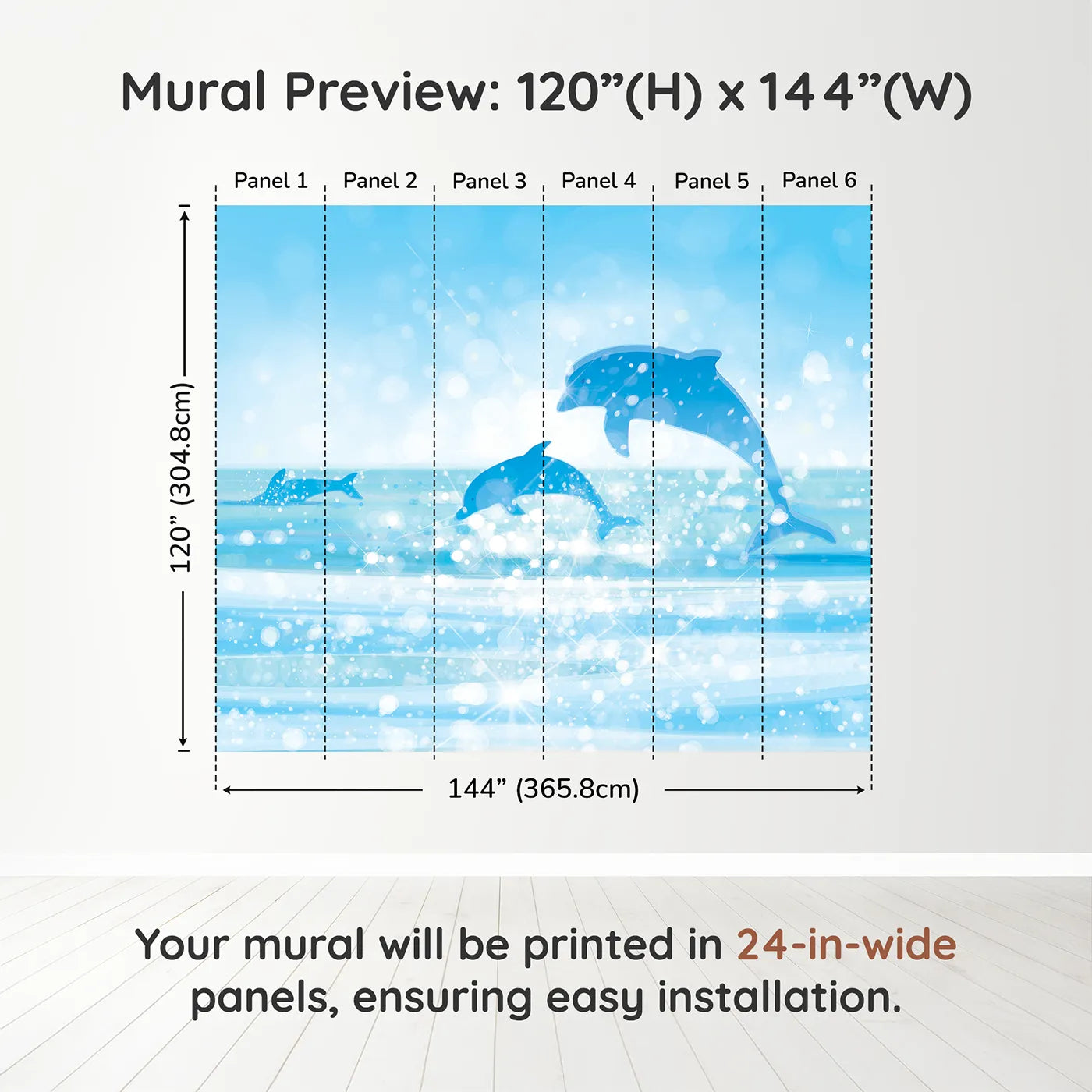 Whimsy Tots Sparkling Dolphin Bay Wall Muraldimension view (120" H x 144" W). Printed in six 24-inch-wide panels. Gender-Neutral
