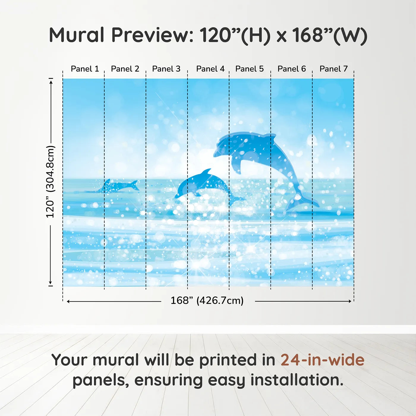 Whimsy Tots Sparkling Dolphin Bay Wall Muraldimension view (120" H x 168" W). Printed in seven 24-inch-wide panels. Gender-Neutral