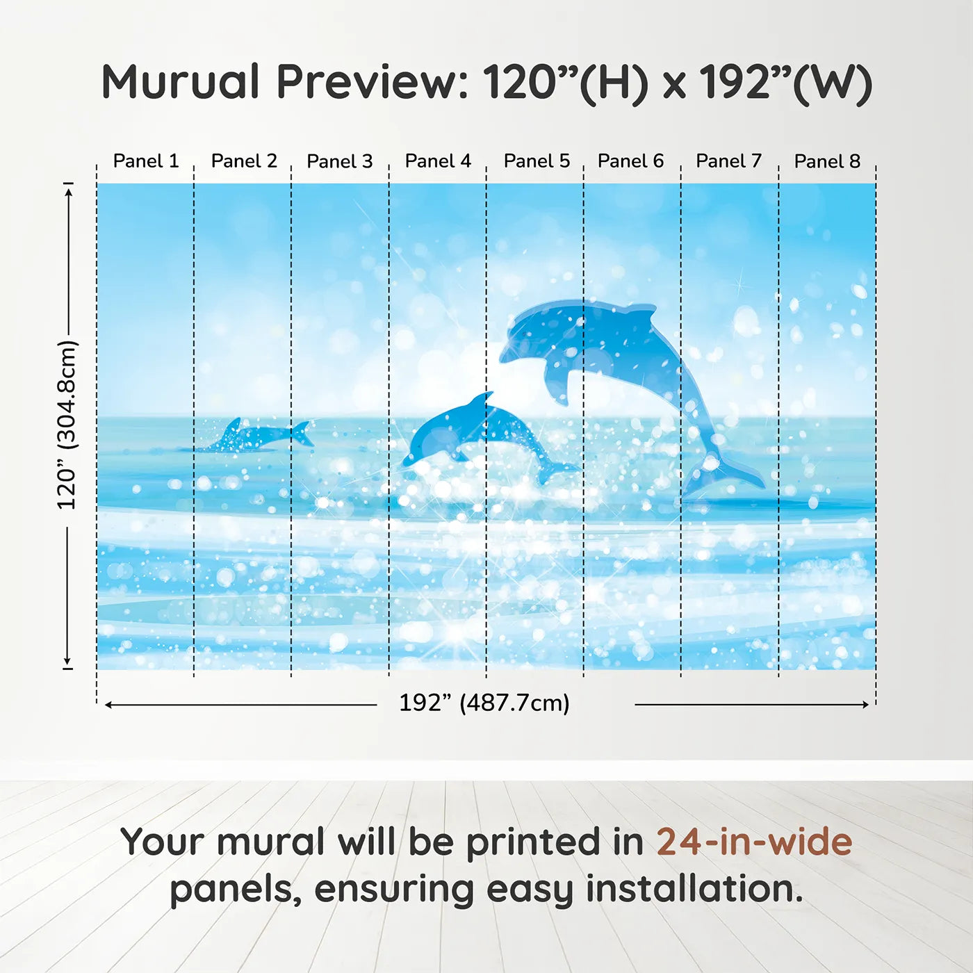 Whimsy Tots Sparkling Dolphin Bay Wall Muraldimension view (120" H x 192" W). Printed in eight 24-inch-wide panels. Gender-Neutral
