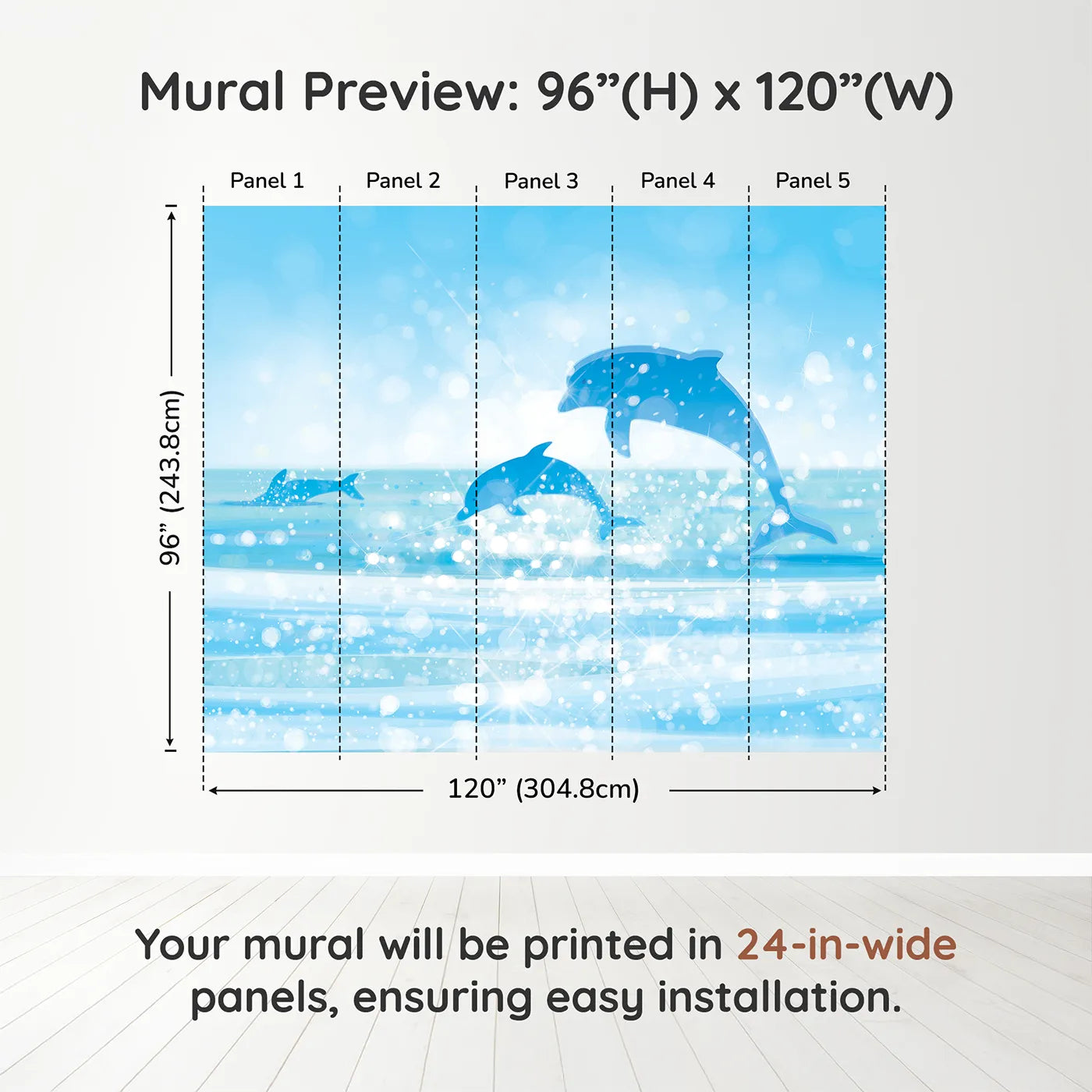 Whimsy Tots Sparkling Dolphin Bay Wall Muraldimension view (96" H x 120" W). Printed in five 24-inch-wide panels. Gender-Neutral