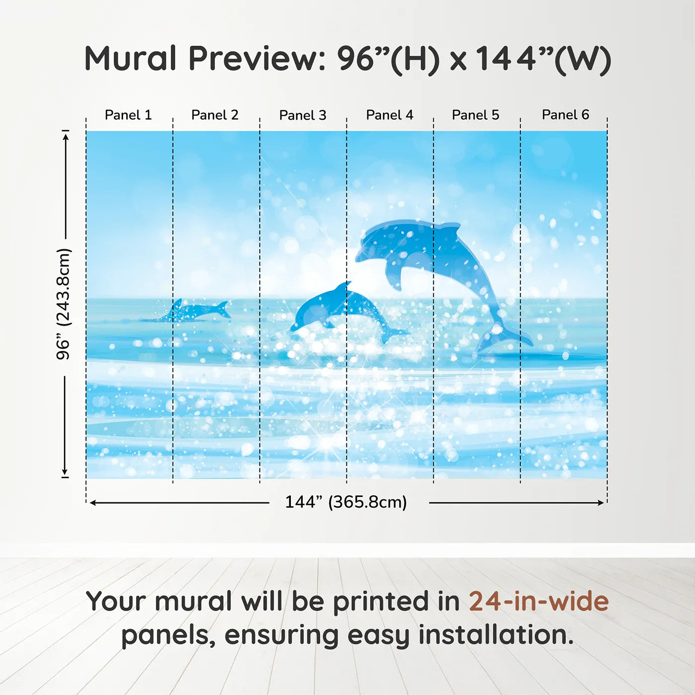 Whimsy Tots Sparkling Dolphin Bay Wall Muraldimension view (96" H x 144" W). Printed in six 24-inch-wide panels. Gender-Neutral