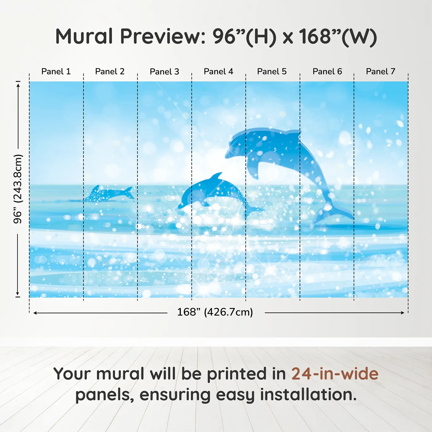 Whimsy Tots Sparkling Dolphin Bay Wall Muraldimension view (96" H x 168" W). Printed in seven 24-inch-wide panels. Gender-Neutral