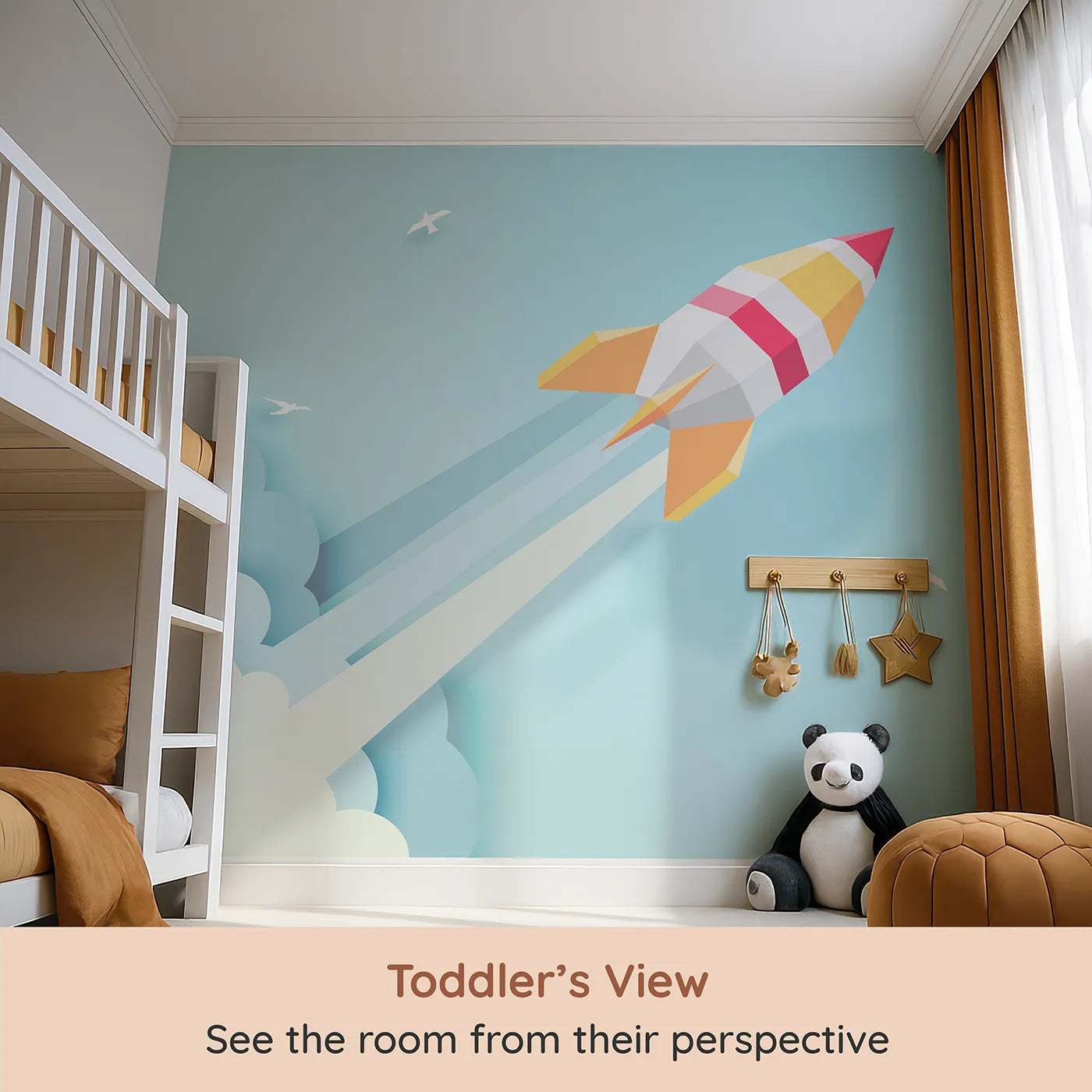 Whimsy Tots Papercraft Rocket in the Clouds Wall Mural (Turn Their Room into a High-Flying, Crafty Adventure) from your child's view.Gender-Neutral
