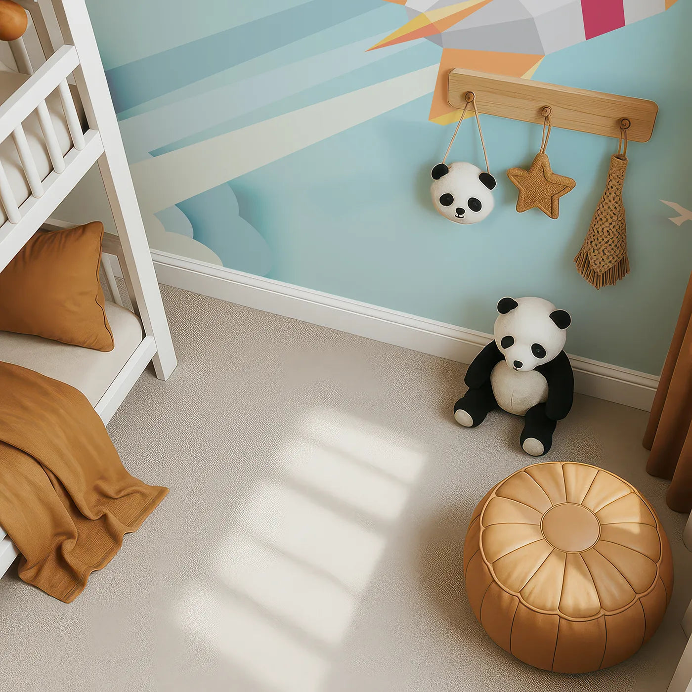 Top-down view of Whimsy Tots' Papercraft Rocket in the Clouds Wall Mural (Turn Their Room into a High-Flying, Crafty Adventure).Gender-Neutral