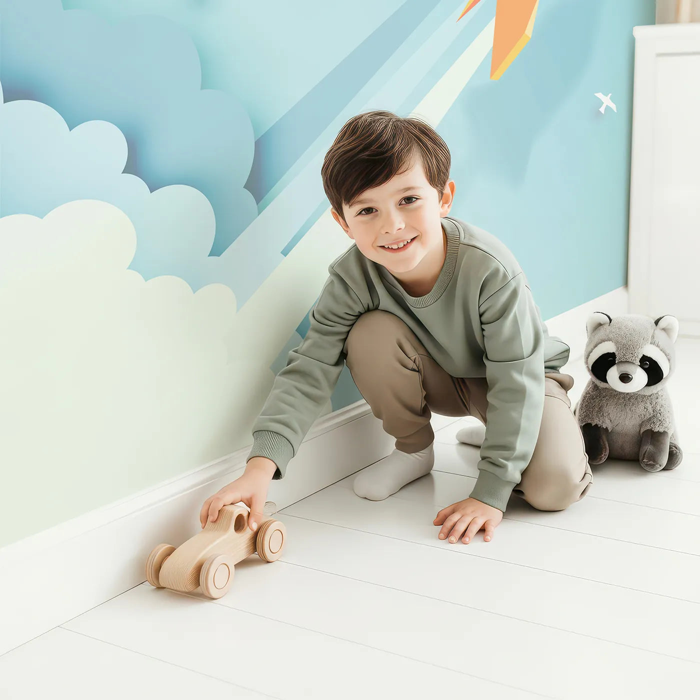 Child in front of Whimsy Tots Papercraft Rocket in the Clouds Wall Mural with rocket, space, cloud, papercraft, paper, cut, geometric, modern in design.