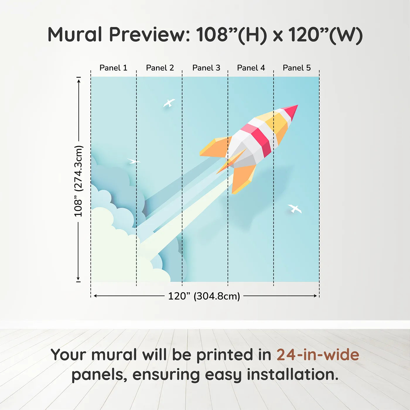 Whimsy Tots Papercraft Rocket in the Clouds Wall Muraldimension view (108" H x 120" W). Printed in five 24-inch-wide panels. Gender-Neutral