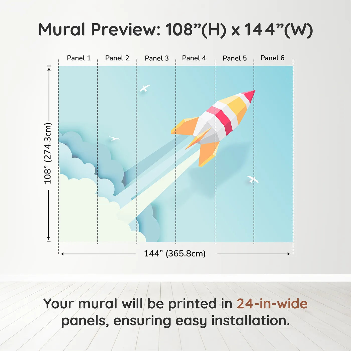 Whimsy Tots Papercraft Rocket in the Clouds Wall Muraldimension view (108" H x 144" W). Printed in six 24-inch-wide panels. Gender-Neutral