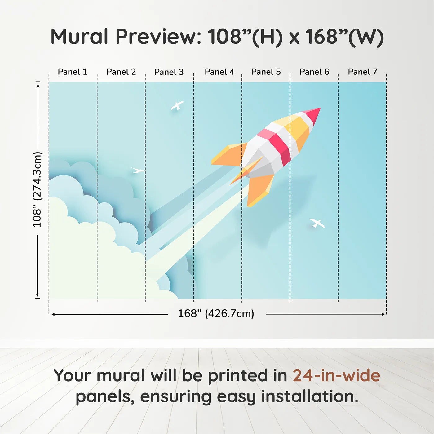 Whimsy Tots Papercraft Rocket in the Clouds Wall Muraldimension view (108" H x 168" W). Printed in seven 24-inch-wide panels. Gender-Neutral