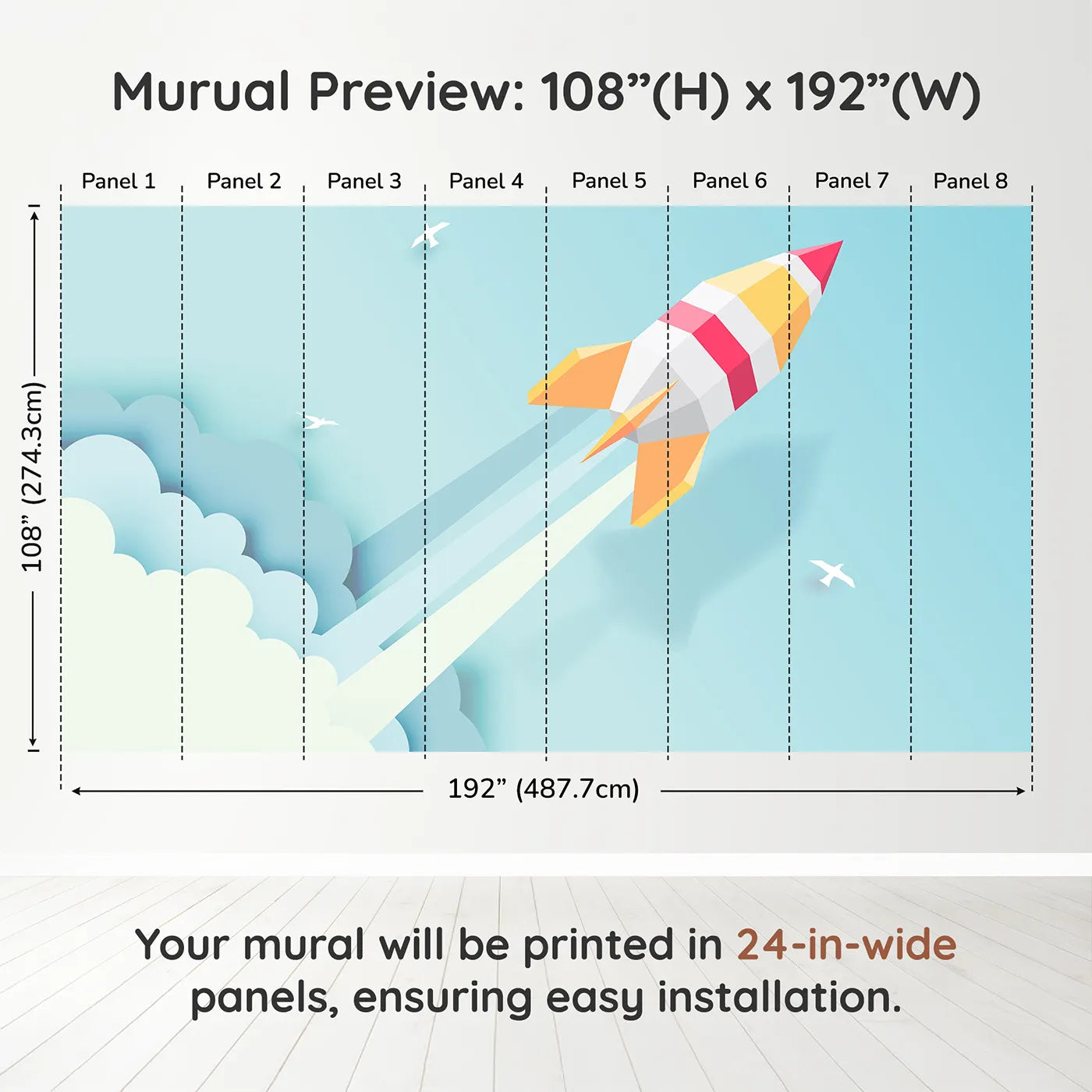 Whimsy Tots Papercraft Rocket in the Clouds Wall Muraldimension view (108" H x 192" W). Printed in eight 24-inch-wide panels. Gender-Neutral