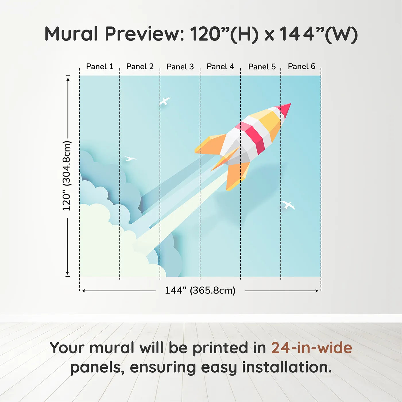 Whimsy Tots Papercraft Rocket in the Clouds Wall Muraldimension view (120" H x 144" W). Printed in six 24-inch-wide panels. Gender-Neutral
