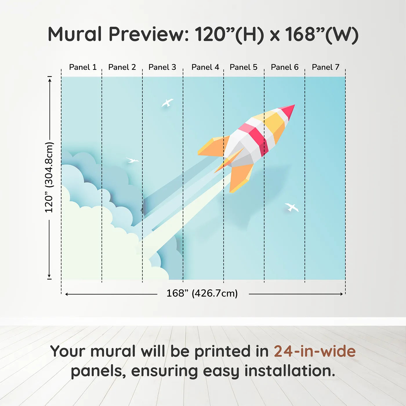 Whimsy Tots Papercraft Rocket in the Clouds Wall Muraldimension view (120" H x 168" W). Printed in seven 24-inch-wide panels. Gender-Neutral