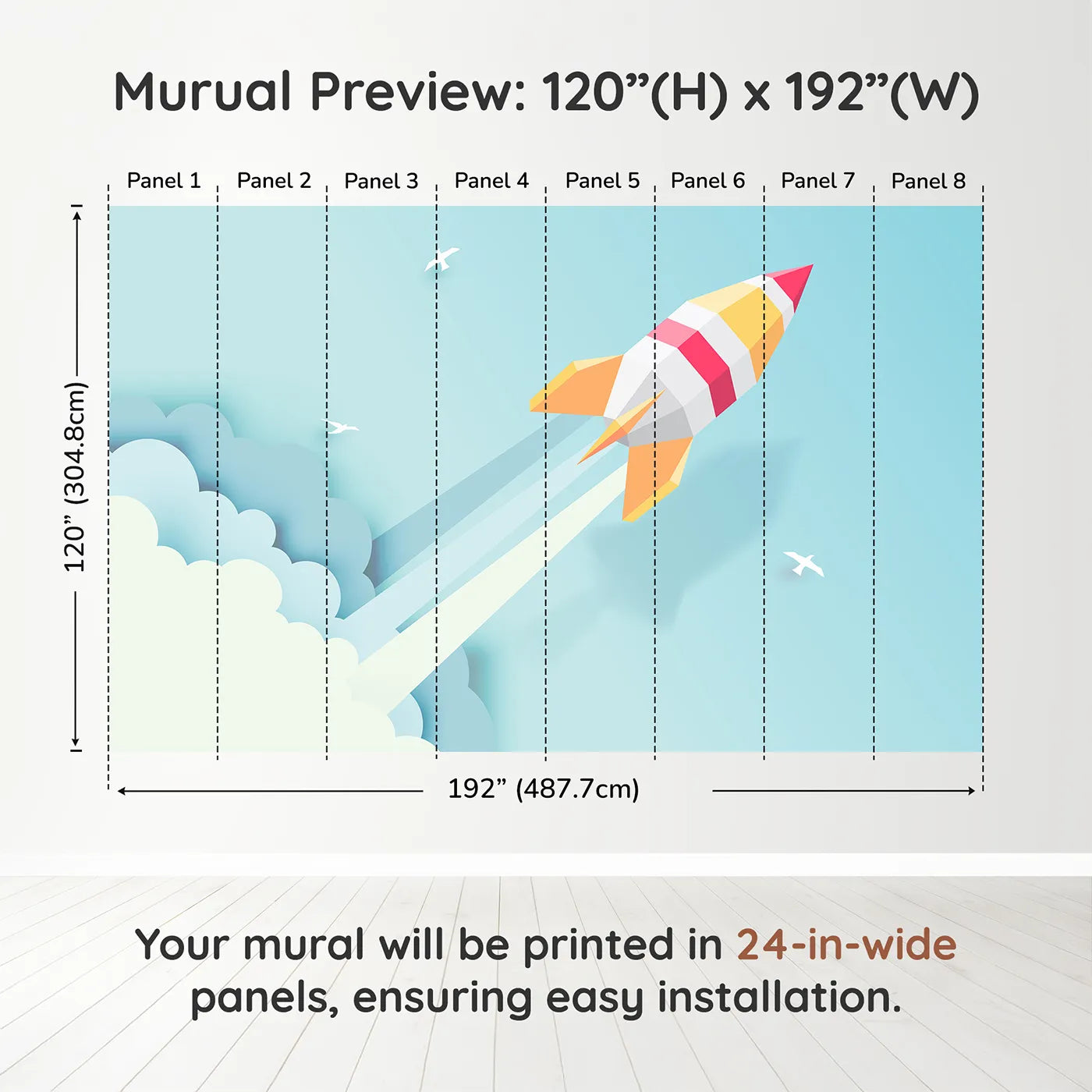 Whimsy Tots Papercraft Rocket in the Clouds Wall Muraldimension view (120" H x 192" W). Printed in eight 24-inch-wide panels. Gender-Neutral