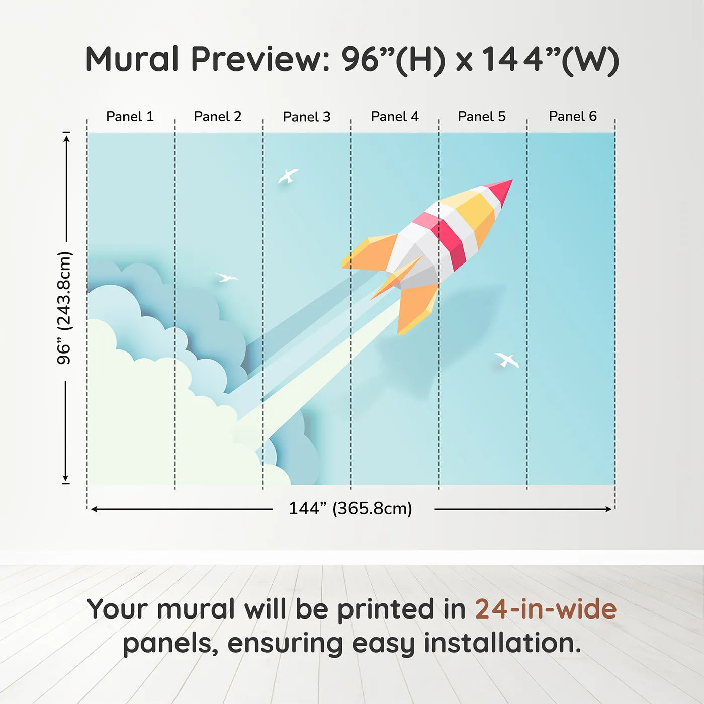 Whimsy Tots Papercraft Rocket in the Clouds Wall Muraldimension view (96" H x 144" W). Printed in six 24-inch-wide panels. Gender-Neutral