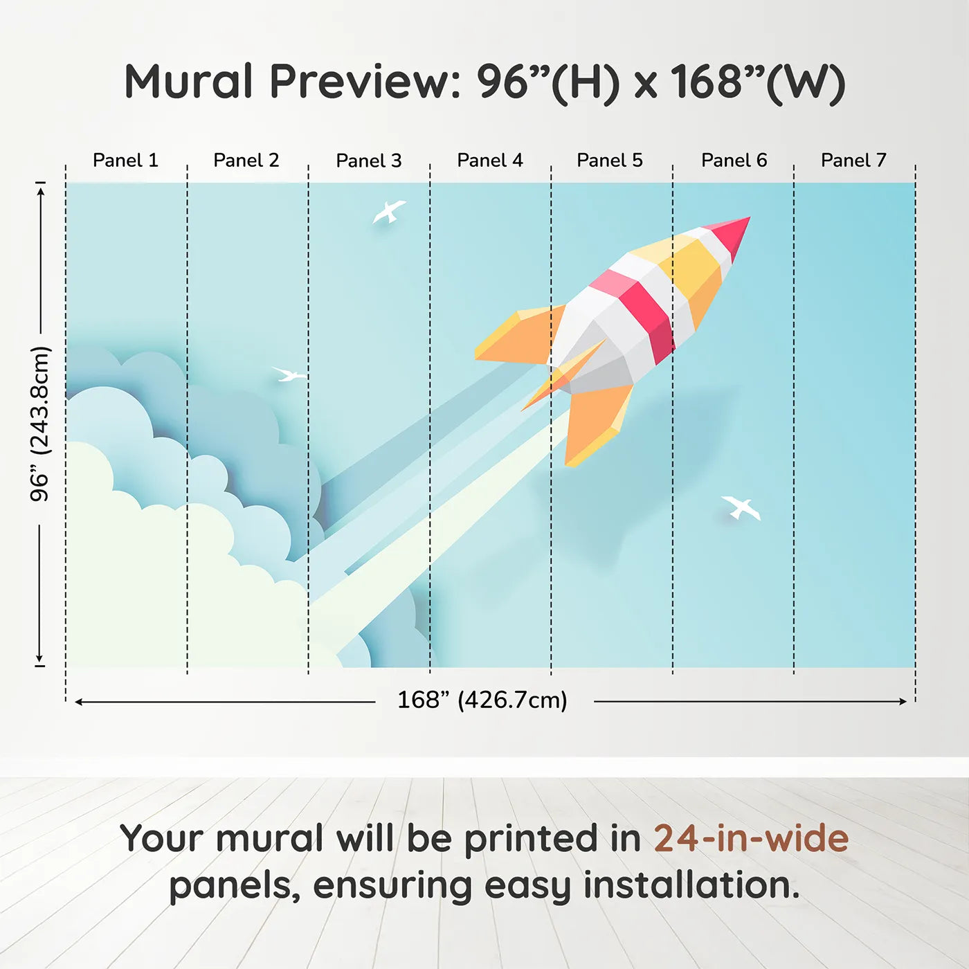 Whimsy Tots Papercraft Rocket in the Clouds Wall Muraldimension view (96" H x 168" W). Printed in seven 24-inch-wide panels. Gender-Neutral