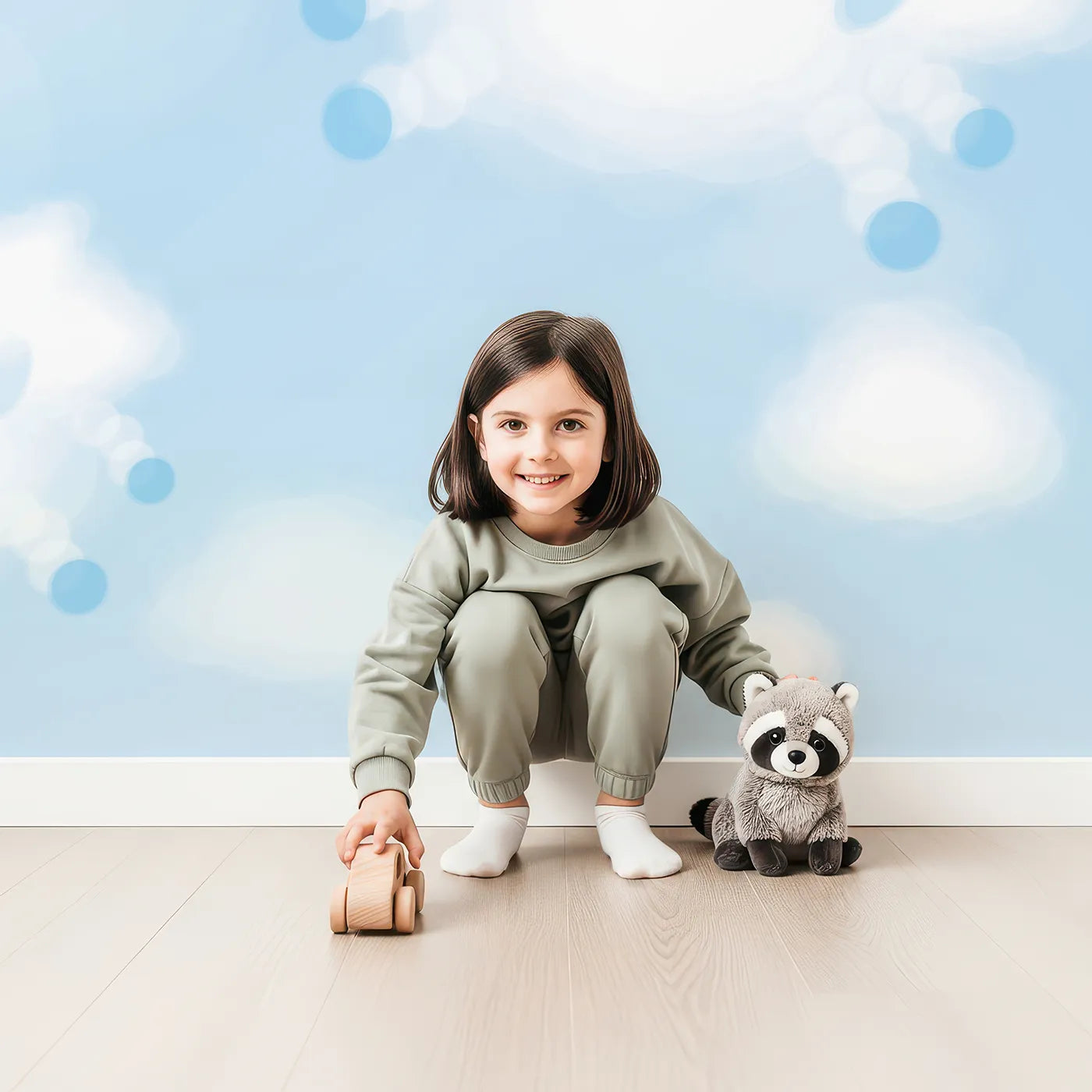 Child in front of Whimsy Tots Cloud Sheep Wall Mural with cloud, sky, sheep, shape, blue, cute, minimalist, whimsical in design.