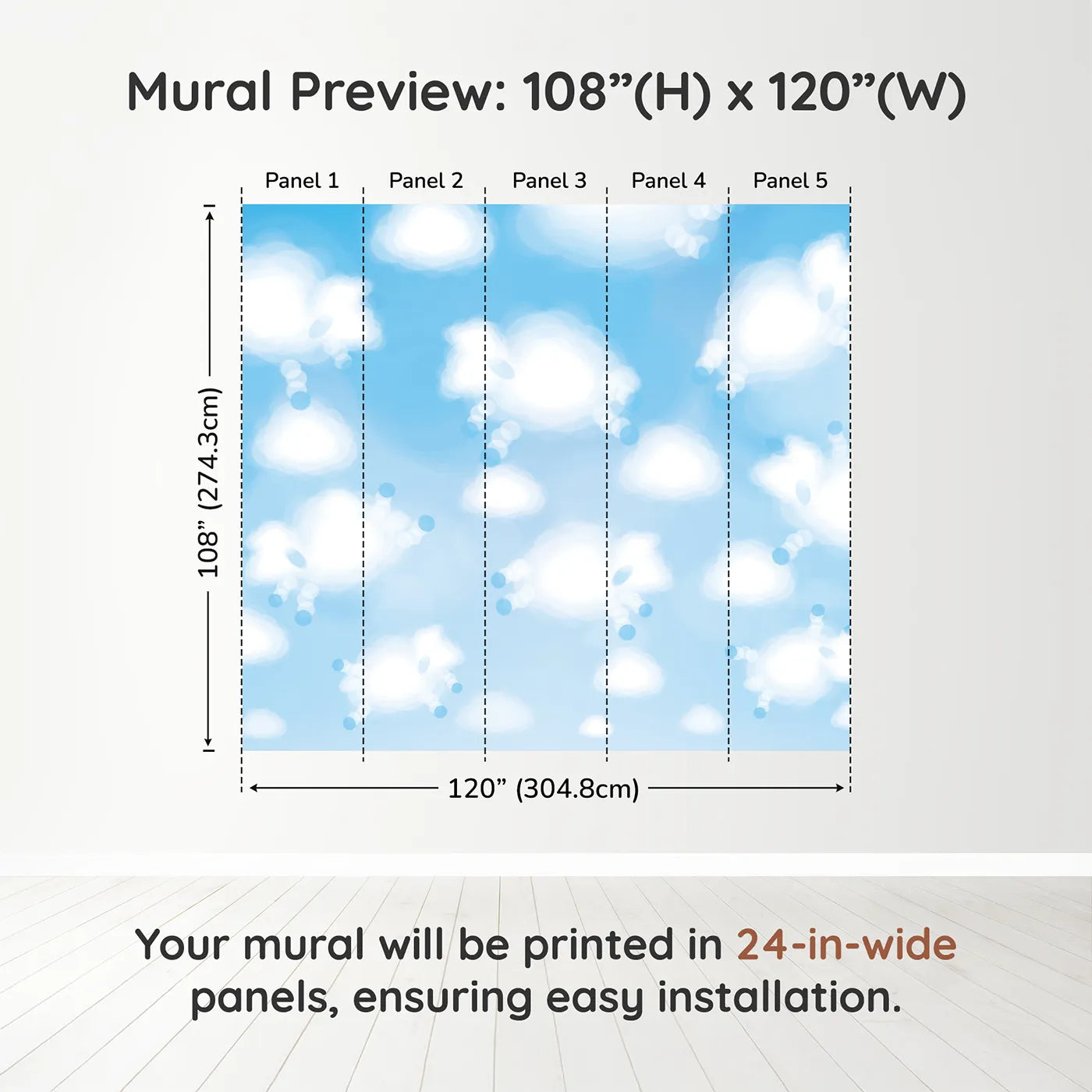 Whimsy Tots Cloud Sheep Wall Muraldimension view (108" H x 120" W). Printed in five 24-inch-wide panels. Gender-Neutral