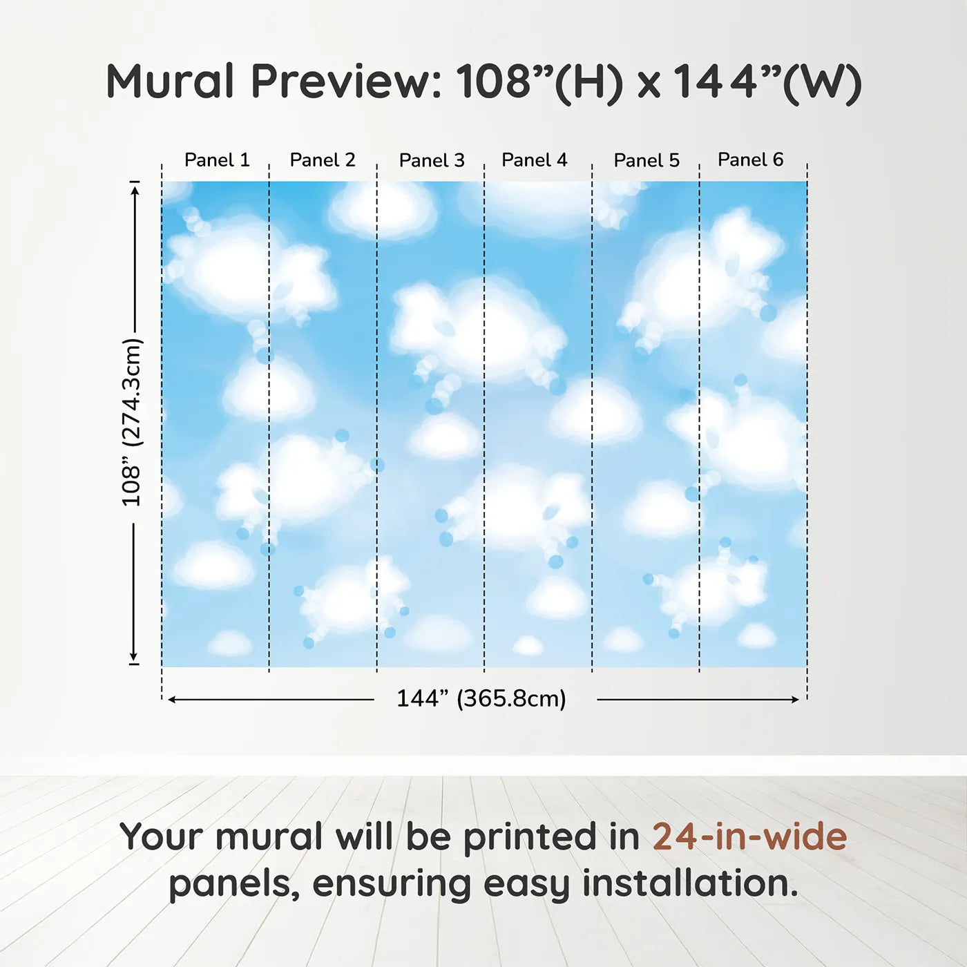 Whimsy Tots Cloud Sheep Wall Muraldimension view (108" H x 144" W). Printed in six 24-inch-wide panels. Gender-Neutral