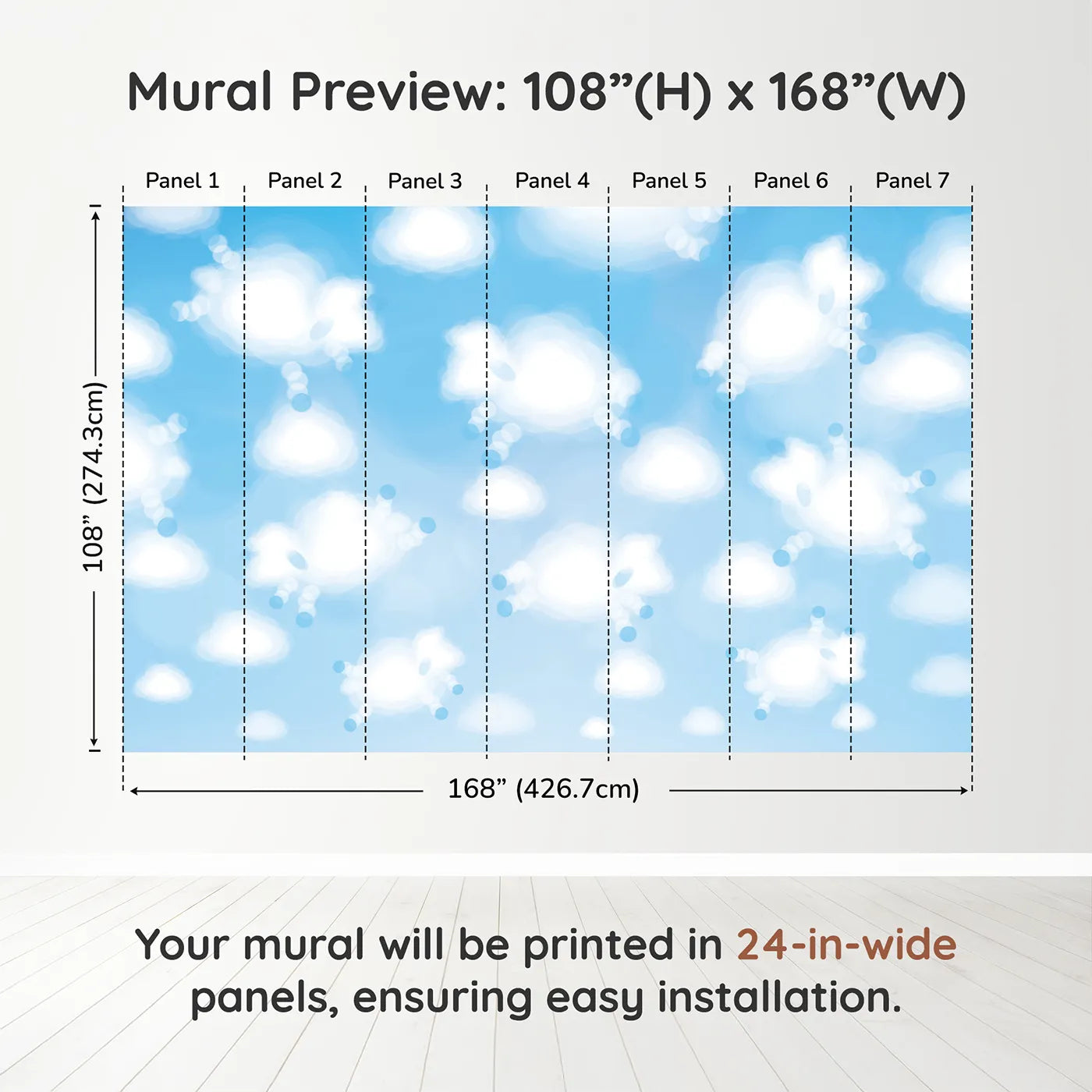 Whimsy Tots Cloud Sheep Wall Muraldimension view (108" H x 168" W). Printed in seven 24-inch-wide panels. Gender-Neutral