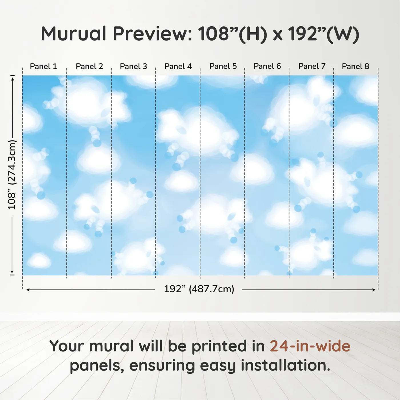 Whimsy Tots Cloud Sheep Wall Muraldimension view (108" H x 192" W). Printed in eight 24-inch-wide panels. Gender-Neutral