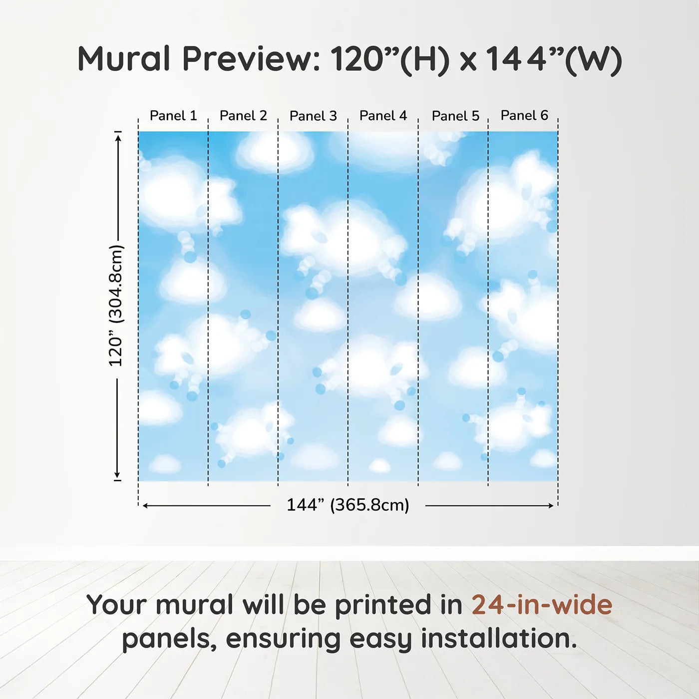 Whimsy Tots Cloud Sheep Wall Muraldimension view (120" H x 144" W). Printed in six 24-inch-wide panels. Gender-Neutral