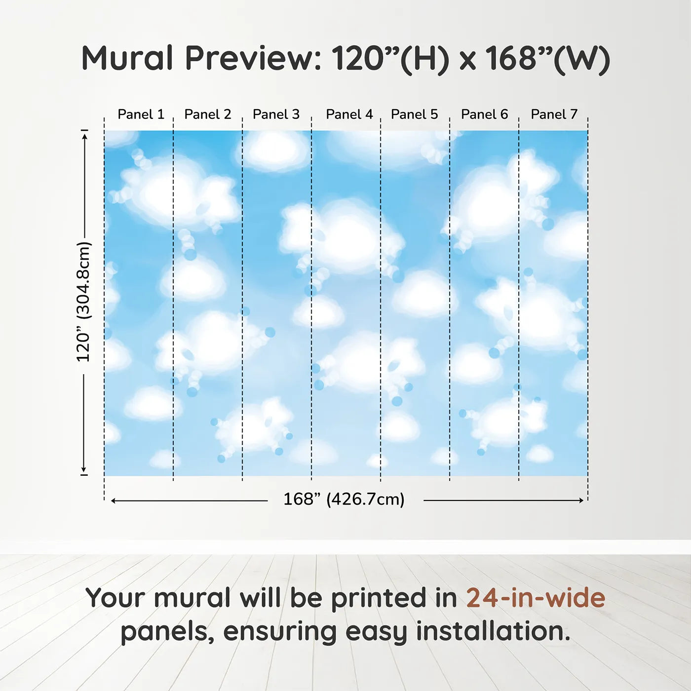 Whimsy Tots Cloud Sheep Wall Muraldimension view (120" H x 168" W). Printed in seven 24-inch-wide panels. Gender-Neutral