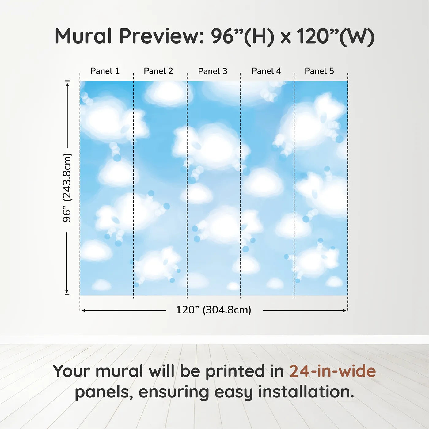 Whimsy Tots Cloud Sheep Wall Muraldimension view (96" H x 120" W). Printed in five 24-inch-wide panels. Gender-Neutral
