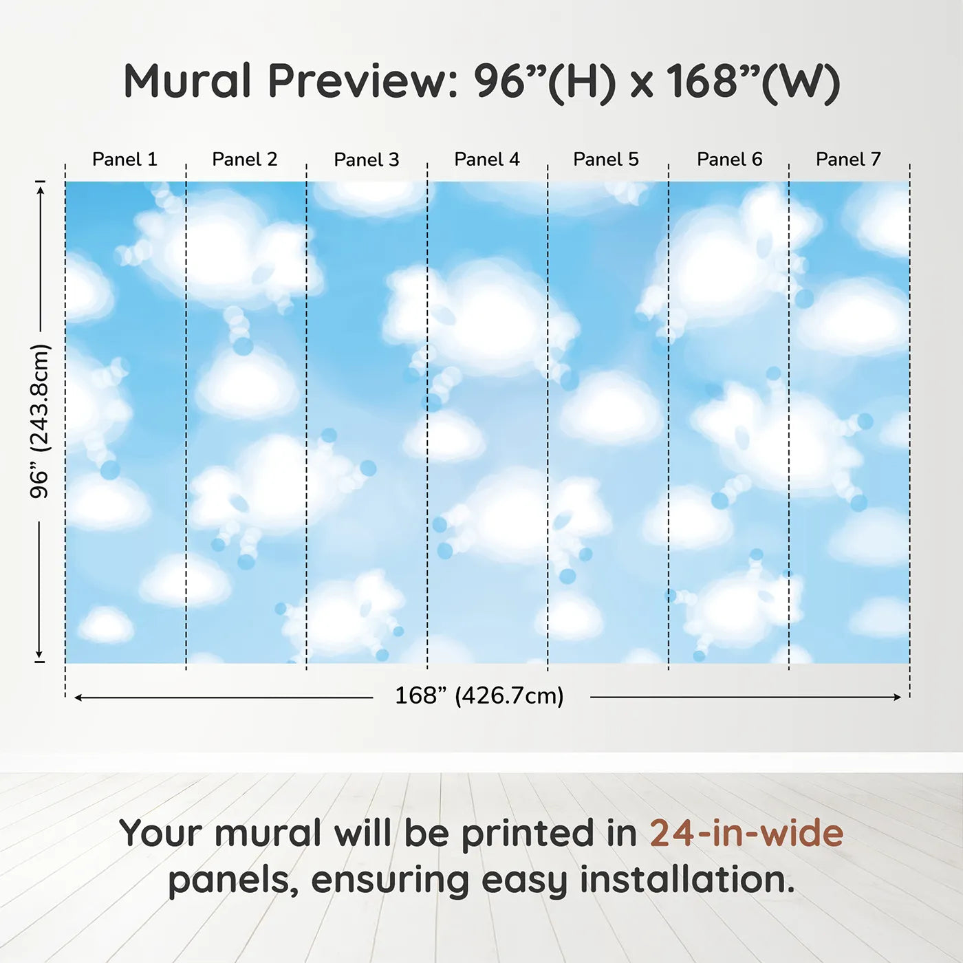 Whimsy Tots Cloud Sheep Wall Muraldimension view (96" H x 168" W). Printed in seven 24-inch-wide panels. Gender-Neutral