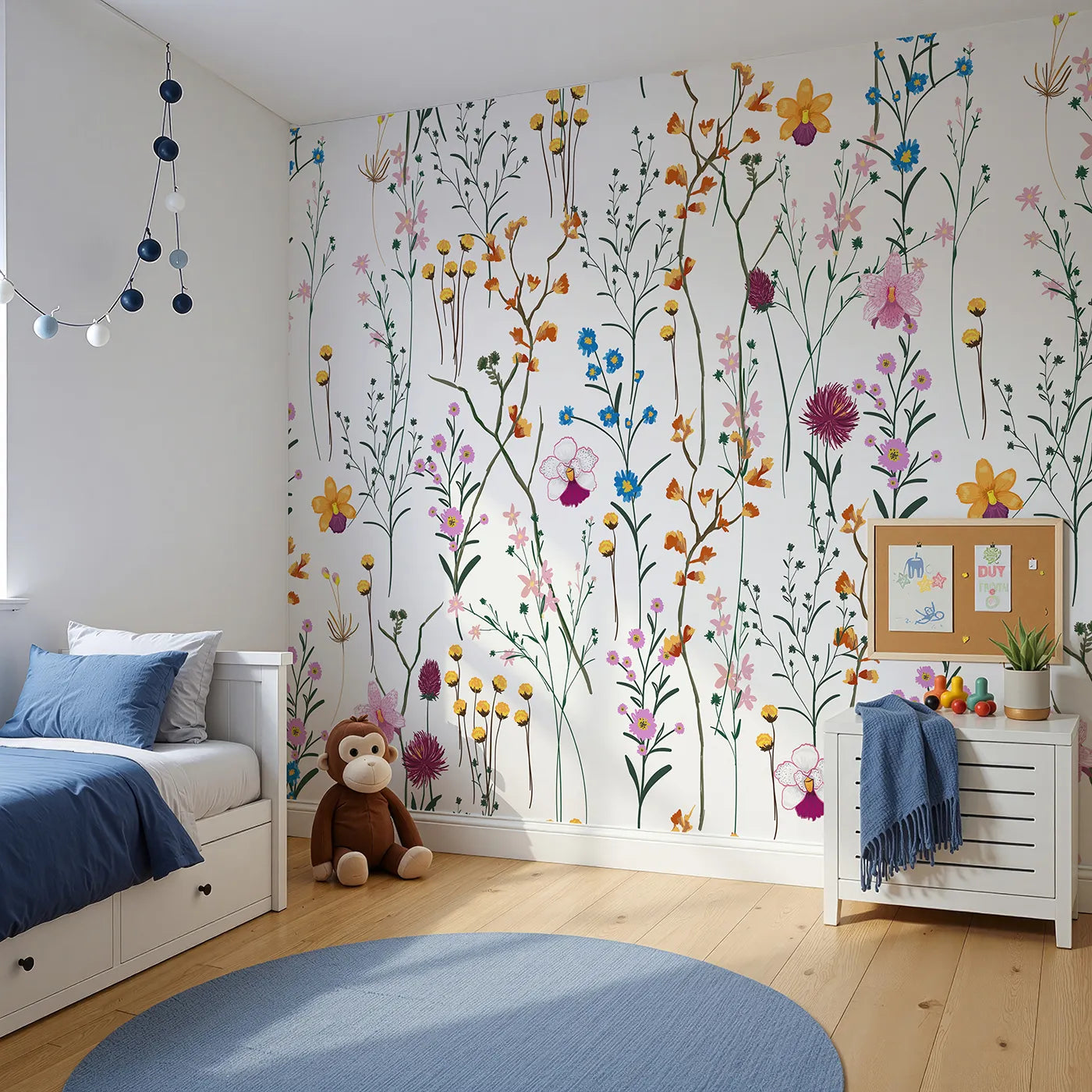 Angled view of Whimsy Tots' Colorful Wildflower Pattern Wall Mural (Turn Their Room into a Field of Delicate, Painted Flowers).Gender-Neutral