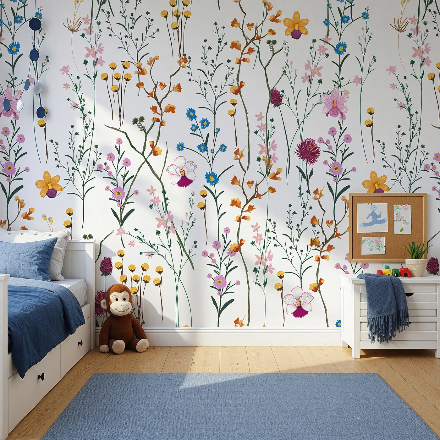 Front view of Whimsy Tots' Colorful Wildflower Pattern Wall Mural