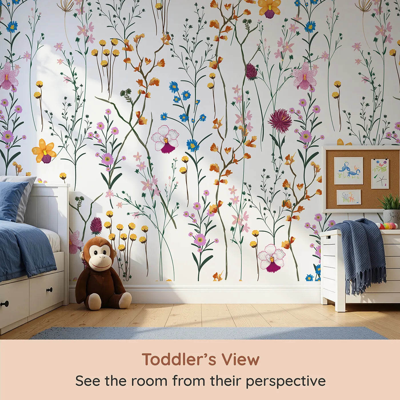 Whimsy Tots Colorful Wildflower Pattern Wall Mural (Turn Their Room into a Field of Delicate, Painted Flowers) from your child's view.Gender-Neutral