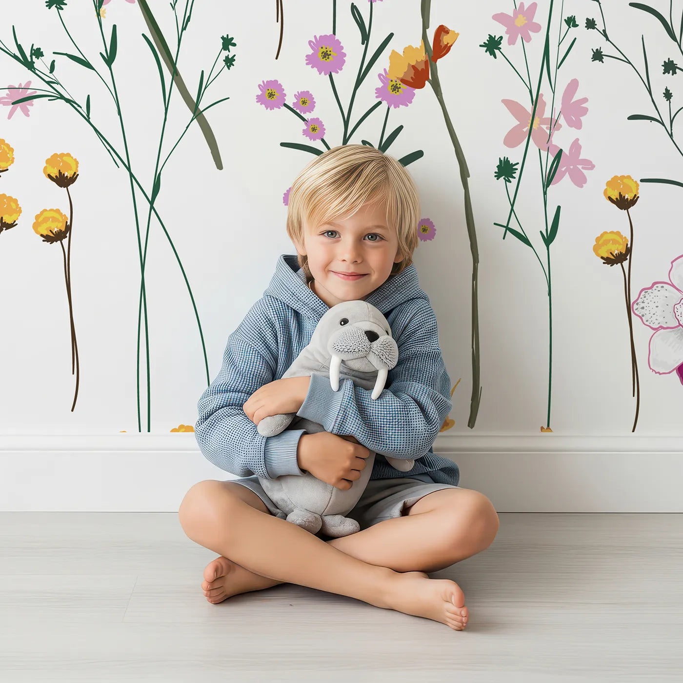 Child in front of Whimsy Tots Colorful Wildflower Pattern Wall Mural with flower, wildflower, watercolor, floral, pattern, colorful, pastel, botanical in design.