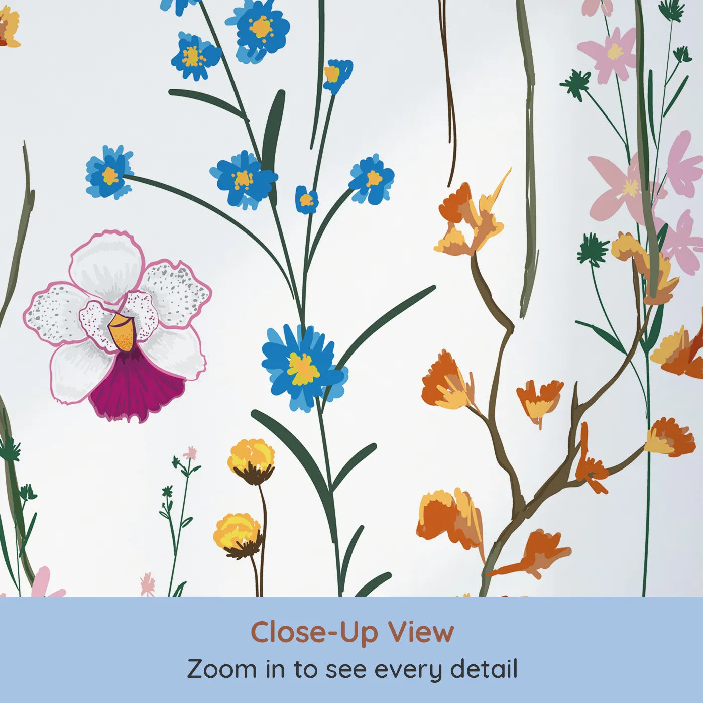 Close-up view of Whimsy Tots' Colorful Wildflower Pattern Wall Mural (Turn Their Room into a Field of Delicate, Painted Flowers).Gender-Neutral