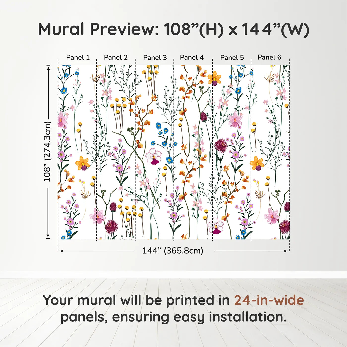 Whimsy Tots Colorful Wildflower Pattern Wall Muraldimension view (108" H x 144" W). Printed in six 24-inch-wide panels. Gender-Neutral