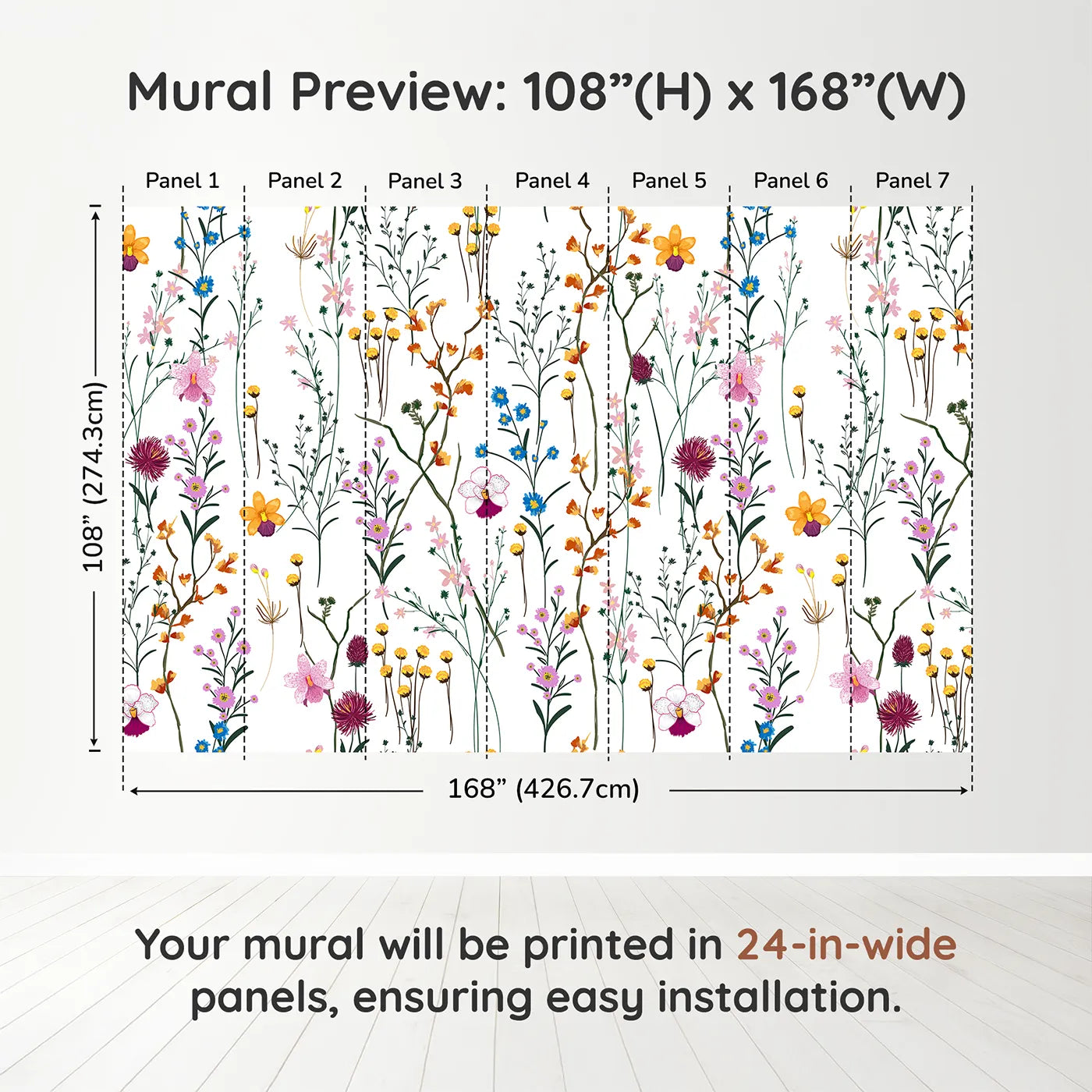 Whimsy Tots Colorful Wildflower Pattern Wall Muraldimension view (108" H x 168" W). Printed in seven 24-inch-wide panels. Gender-Neutral