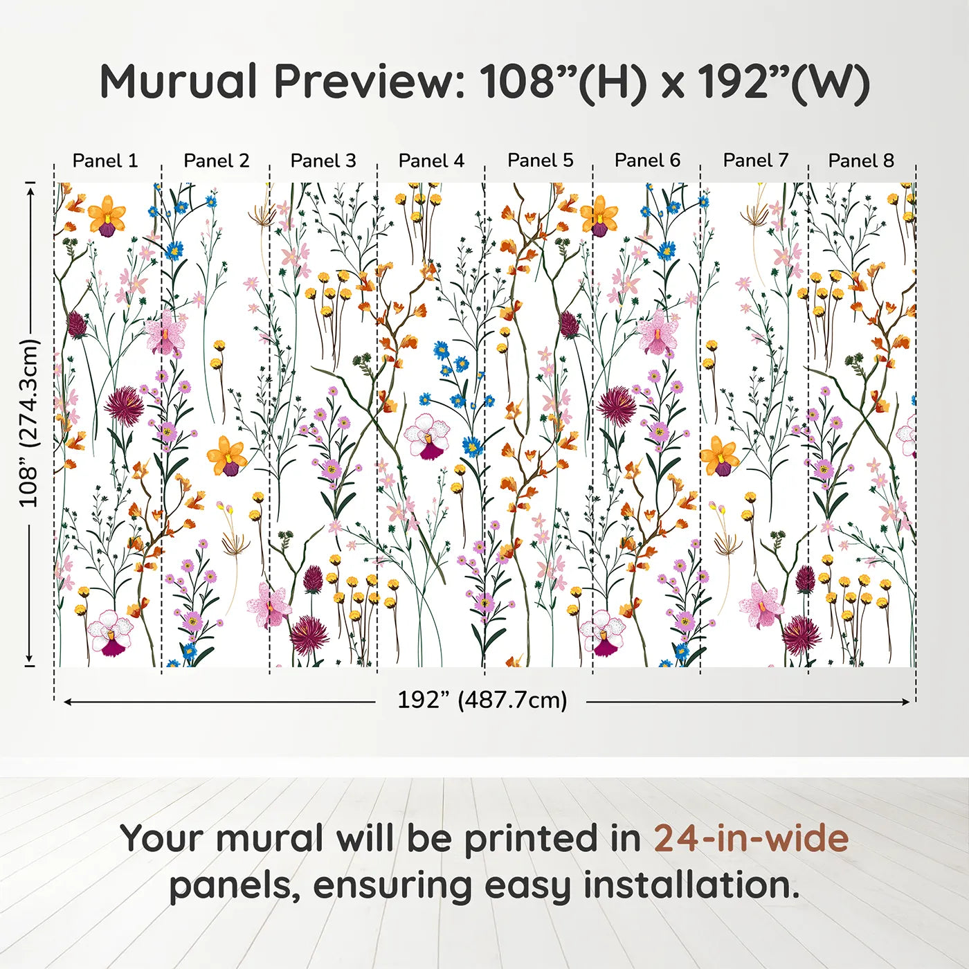 Whimsy Tots Colorful Wildflower Pattern Wall Muraldimension view (108" H x 192" W). Printed in eight 24-inch-wide panels. Gender-Neutral