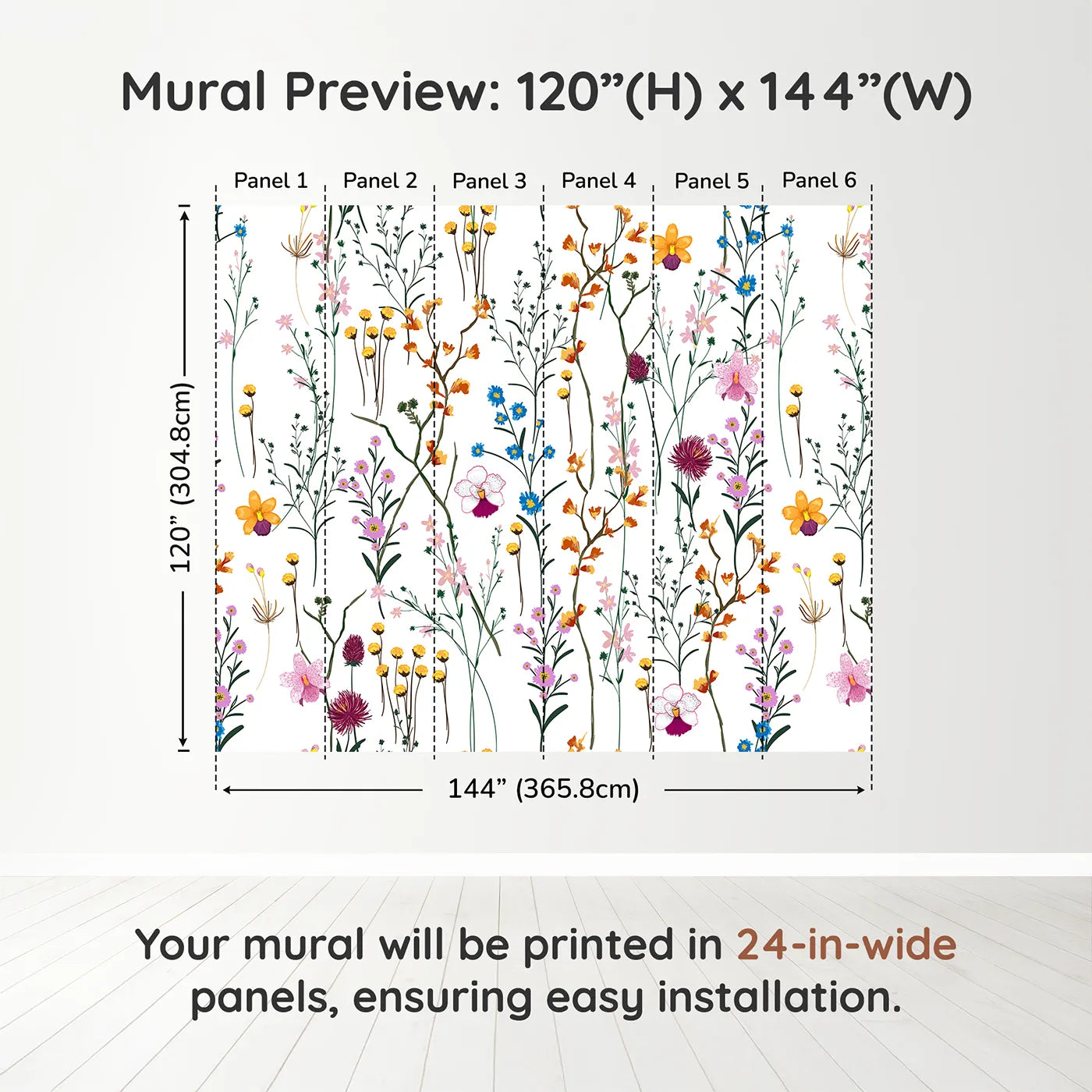 Whimsy Tots Colorful Wildflower Pattern Wall Muraldimension view (120" H x 144" W). Printed in six 24-inch-wide panels. Gender-Neutral