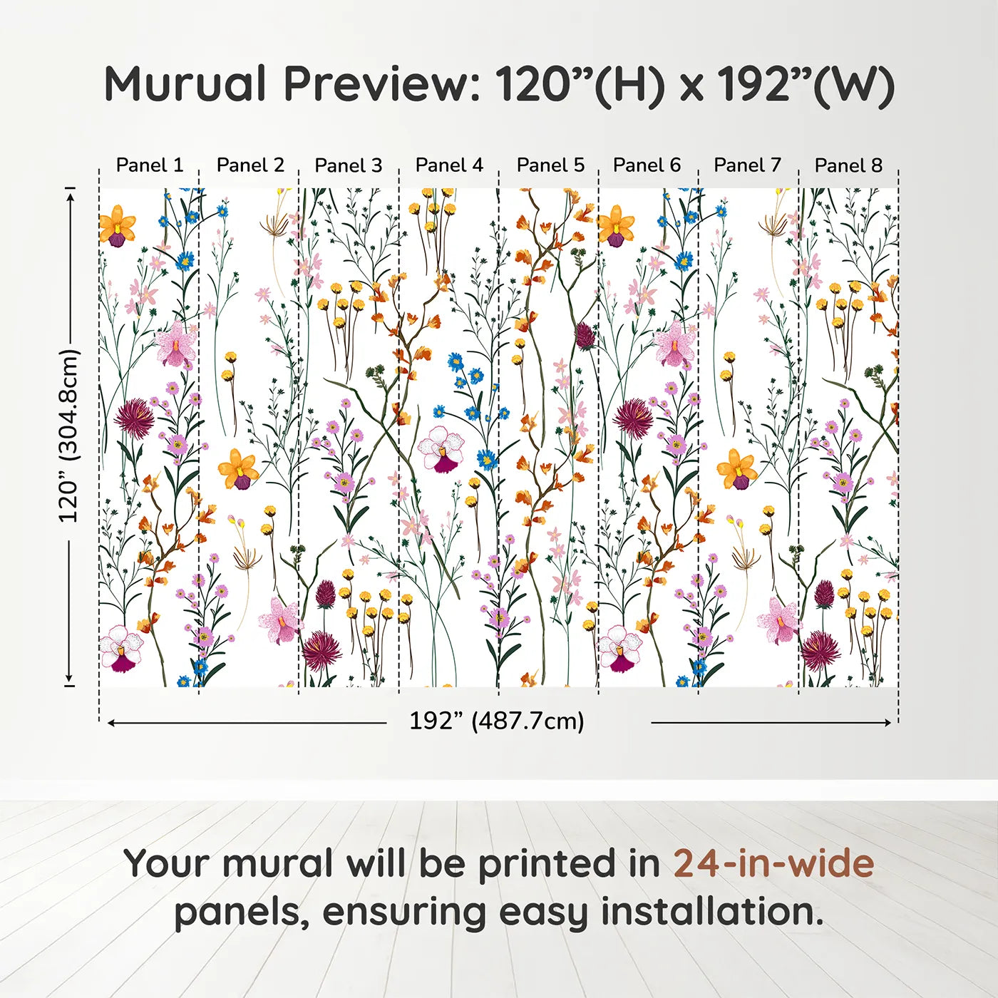 Whimsy Tots Colorful Wildflower Pattern Wall Muraldimension view (120" H x 192" W). Printed in eight 24-inch-wide panels. Gender-Neutral