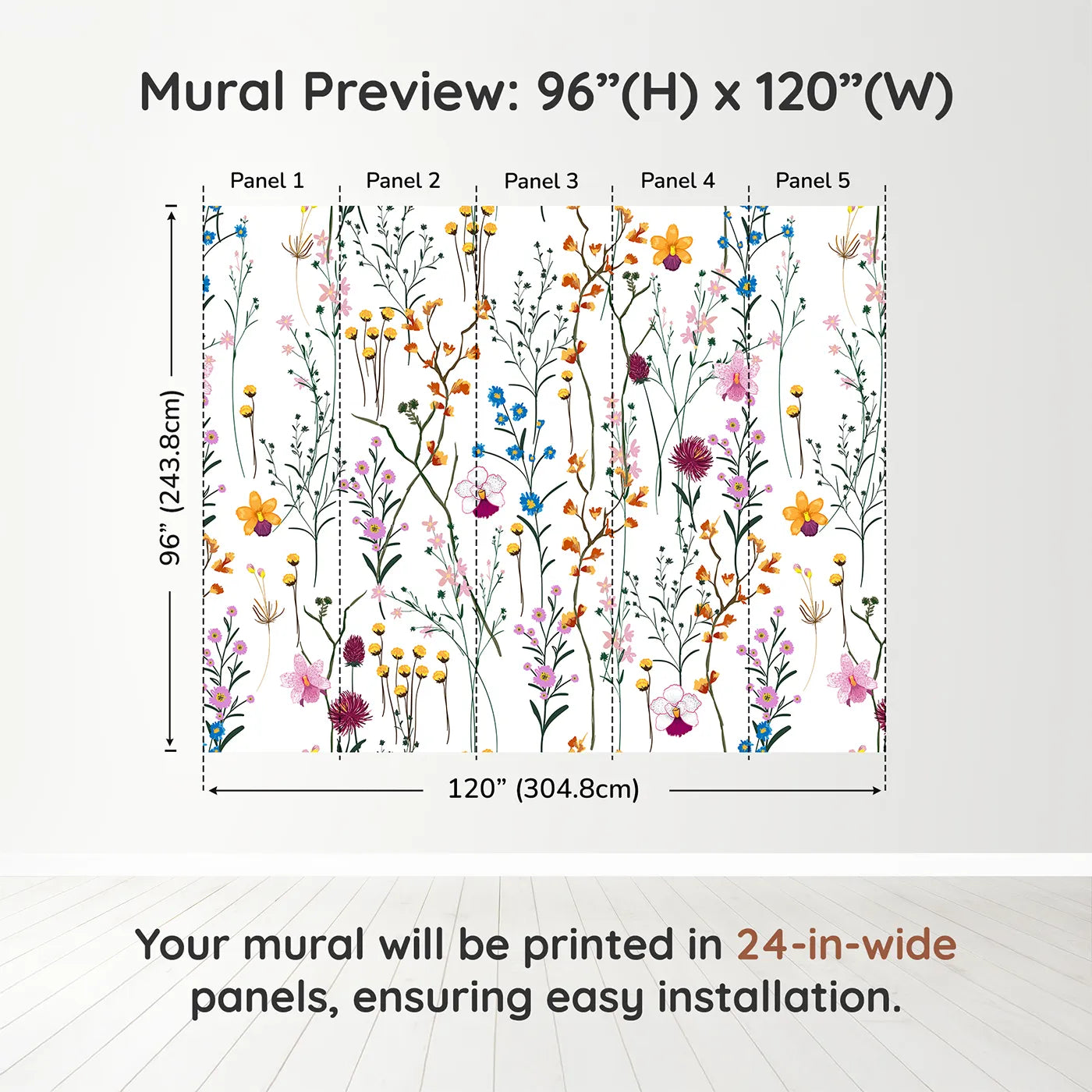 Whimsy Tots Colorful Wildflower Pattern Wall Muraldimension view (96" H x 120" W). Printed in five 24-inch-wide panels. Gender-Neutral
