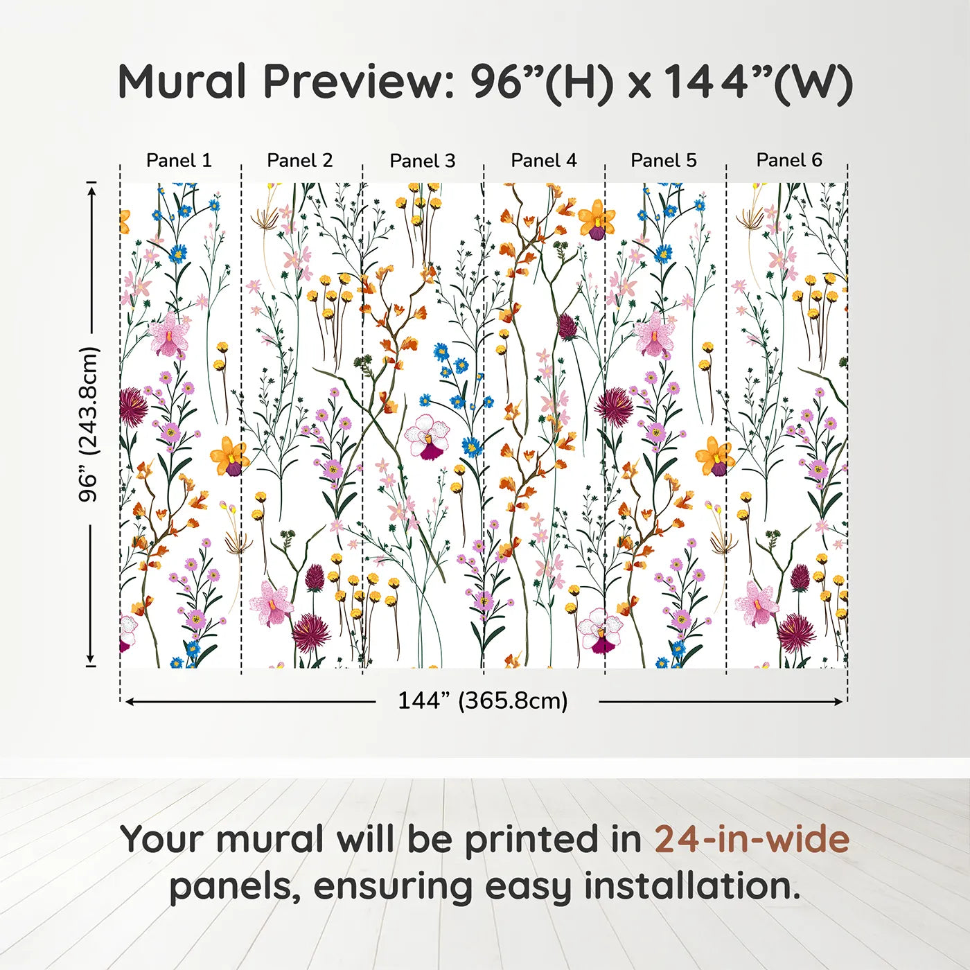 Whimsy Tots Colorful Wildflower Pattern Wall Muraldimension view (96" H x 144" W). Printed in six 24-inch-wide panels. Gender-Neutral