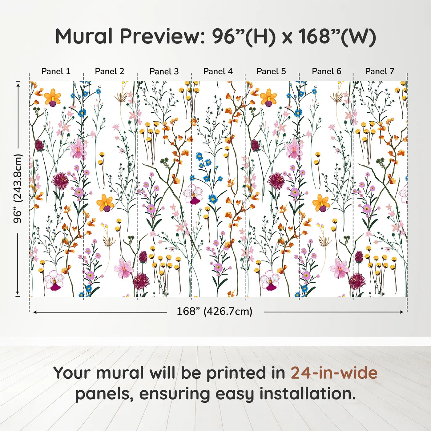 Whimsy Tots Colorful Wildflower Pattern Wall Muraldimension view (96" H x 168" W). Printed in seven 24-inch-wide panels. Gender-Neutral