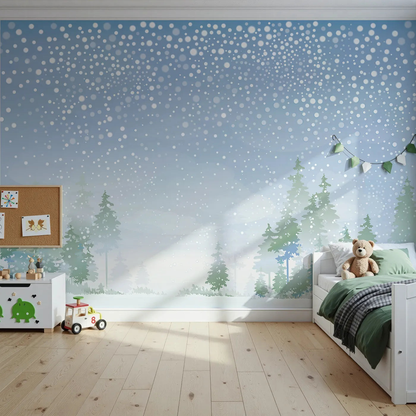 Front view of Whimsy Tots' Snowy Forest Panorama Wall Mural