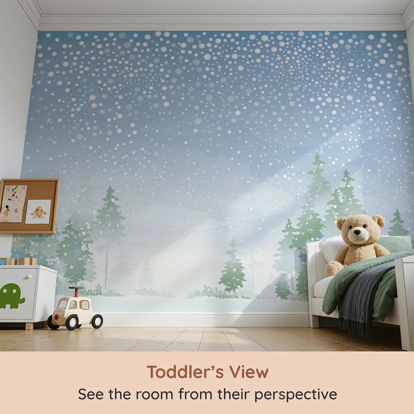 Whimsy Tots Snowy Forest Panorama Wall Mural (Turn Their Room into a Quiet, Sparkling Wonderland) from your child's view.Gender-Neutral