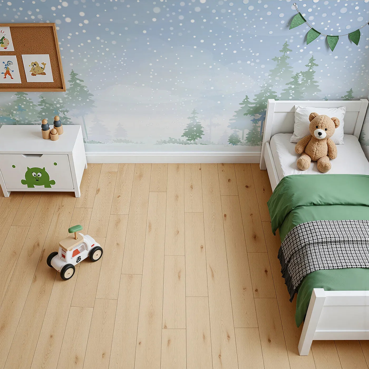 Top-down view of Whimsy Tots' Snowy Forest Panorama Wall Mural (Turn Their Room into a Quiet, Sparkling Wonderland).Gender-Neutral