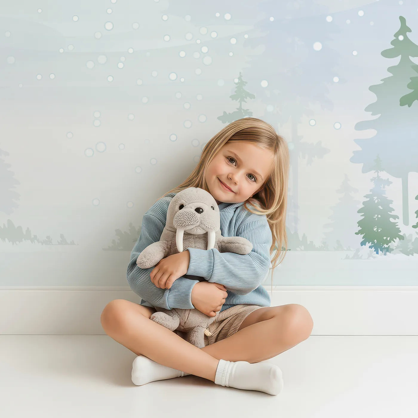 Child in front of Whimsy Tots Snowy Forest Panorama Wall Mural with winter, snow, forest, tree, sparkle, light, woods, magical in design.