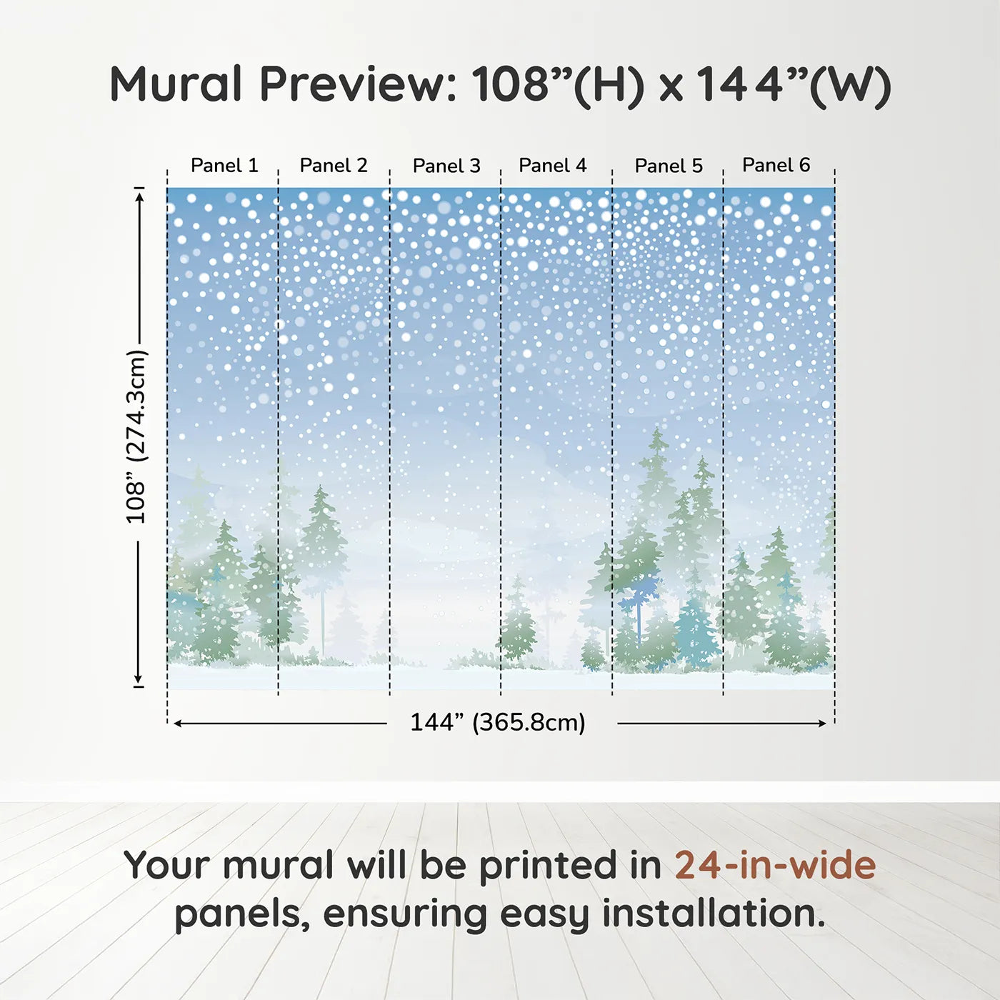 Whimsy Tots Snowy Forest Panorama Wall Muraldimension view (108" H x 144" W). Printed in six 24-inch-wide panels. Gender-Neutral