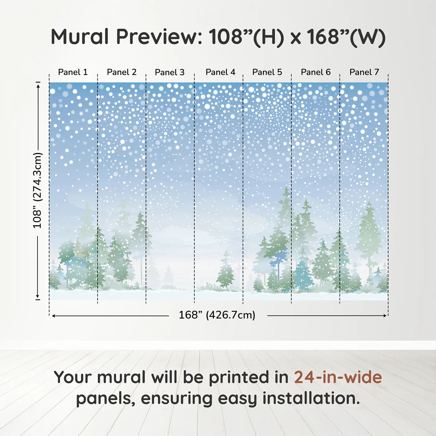 Whimsy Tots Snowy Forest Panorama Wall Muraldimension view (108" H x 168" W). Printed in seven 24-inch-wide panels. Gender-Neutral