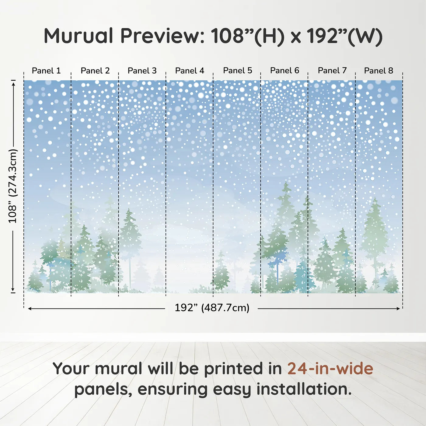 Whimsy Tots Snowy Forest Panorama Wall Muraldimension view (108" H x 192" W). Printed in eight 24-inch-wide panels. Gender-Neutral
