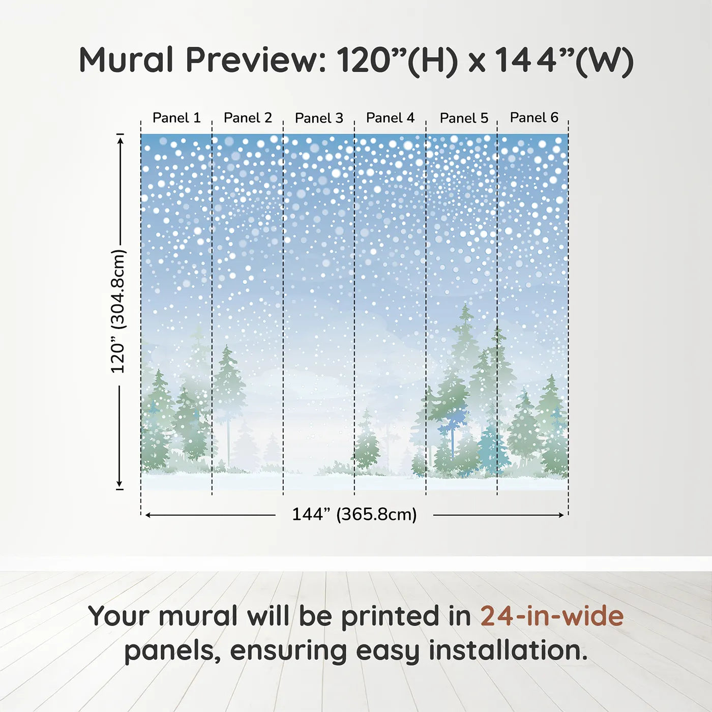 Whimsy Tots Snowy Forest Panorama Wall Muraldimension view (120" H x 144" W). Printed in six 24-inch-wide panels. Gender-Neutral