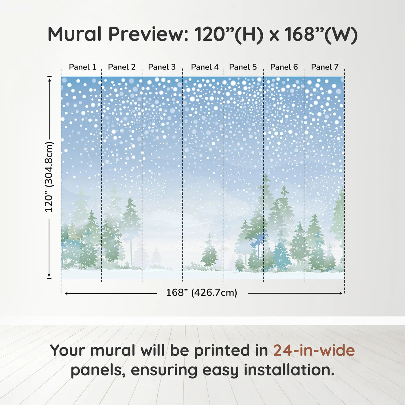 Whimsy Tots Snowy Forest Panorama Wall Muraldimension view (120" H x 168" W). Printed in seven 24-inch-wide panels. Gender-Neutral